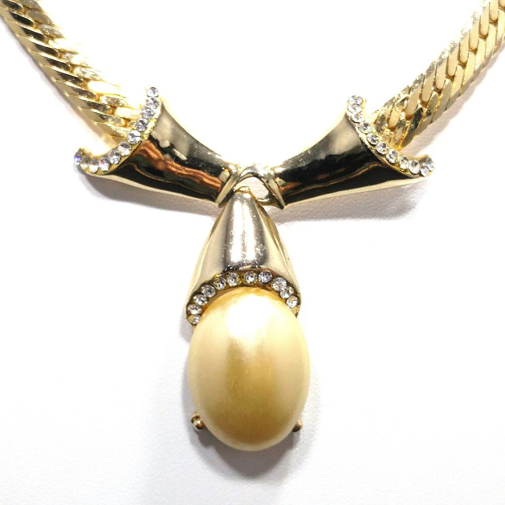 Vintage 1980s Gold Tone Bow Necklace Pearl Cabochon Rhinestones 16.5"